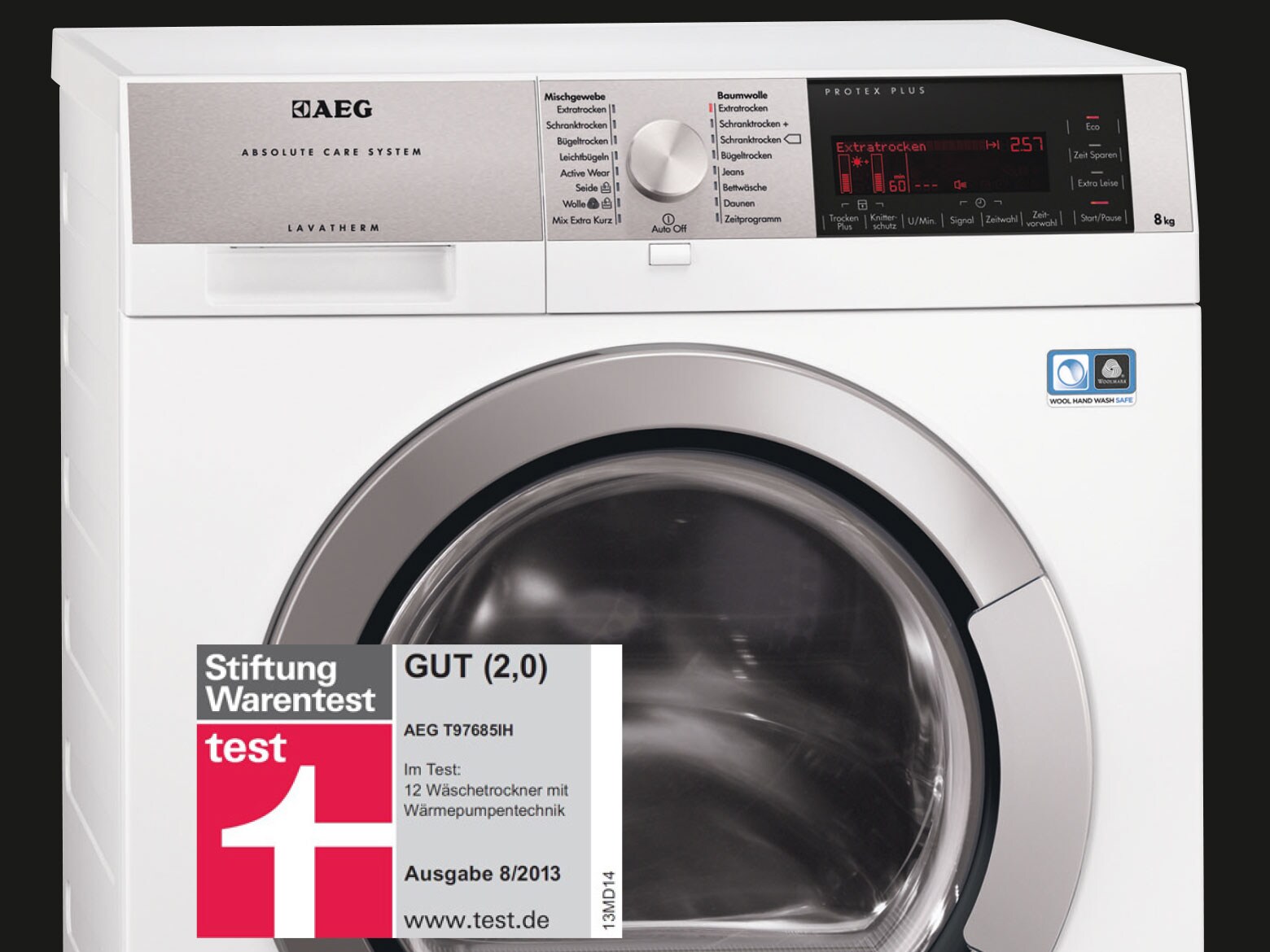 Der AEG Wäschetrockner LAVATHERM T97685IH erhielt das Testurteil "Gut" in Stiftung Warentest Ausgabe 08/2013