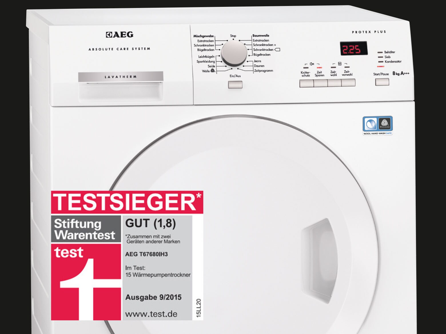 Der AEG Wärmepumpentrockner LAVATHERM T67680IH3 erhielt erneut das Testurteil "Gut" in Stiftung Warentest Ausgabe 09/2015