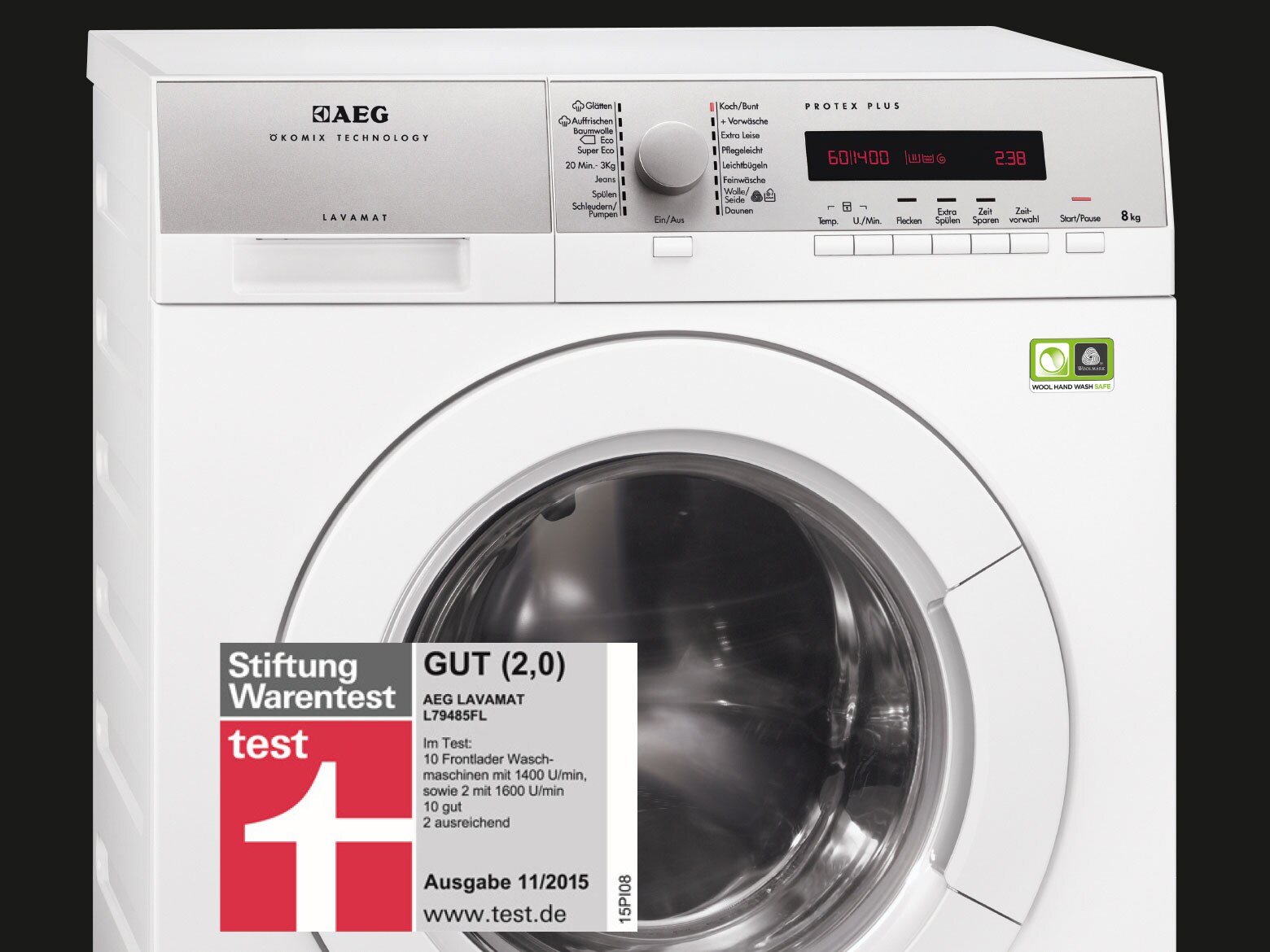Die AEG Waschmaschine LAVAMAT L79485FL erhielt das Testurteil "Gut" in Stiftung Warentest Ausgabe 11/2015