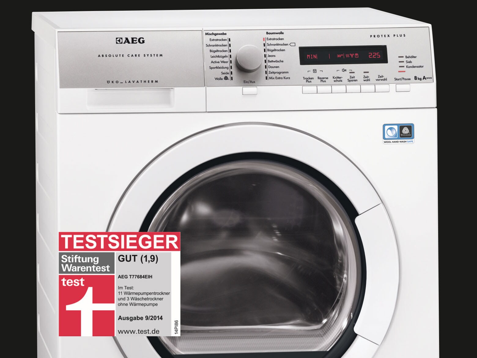Der AEG Wärmepumpentrockner LAVATHERM T77684EIH erhielt das Testurteil "Gut" in Stiftung Warentest Ausgabe 09/2014