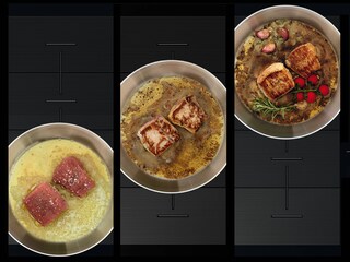 Ein Diagramm zeigt die Temperaturänderung in einer Pfanne mit brutzelndem Fleisch und Gemüse beim Bewegen über PowerSlide