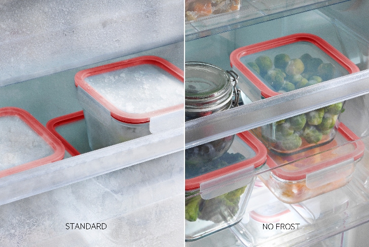 Vergleichsbild: Standard-Kühlschrank vs. No-Frost-Technologie im Innenraum.