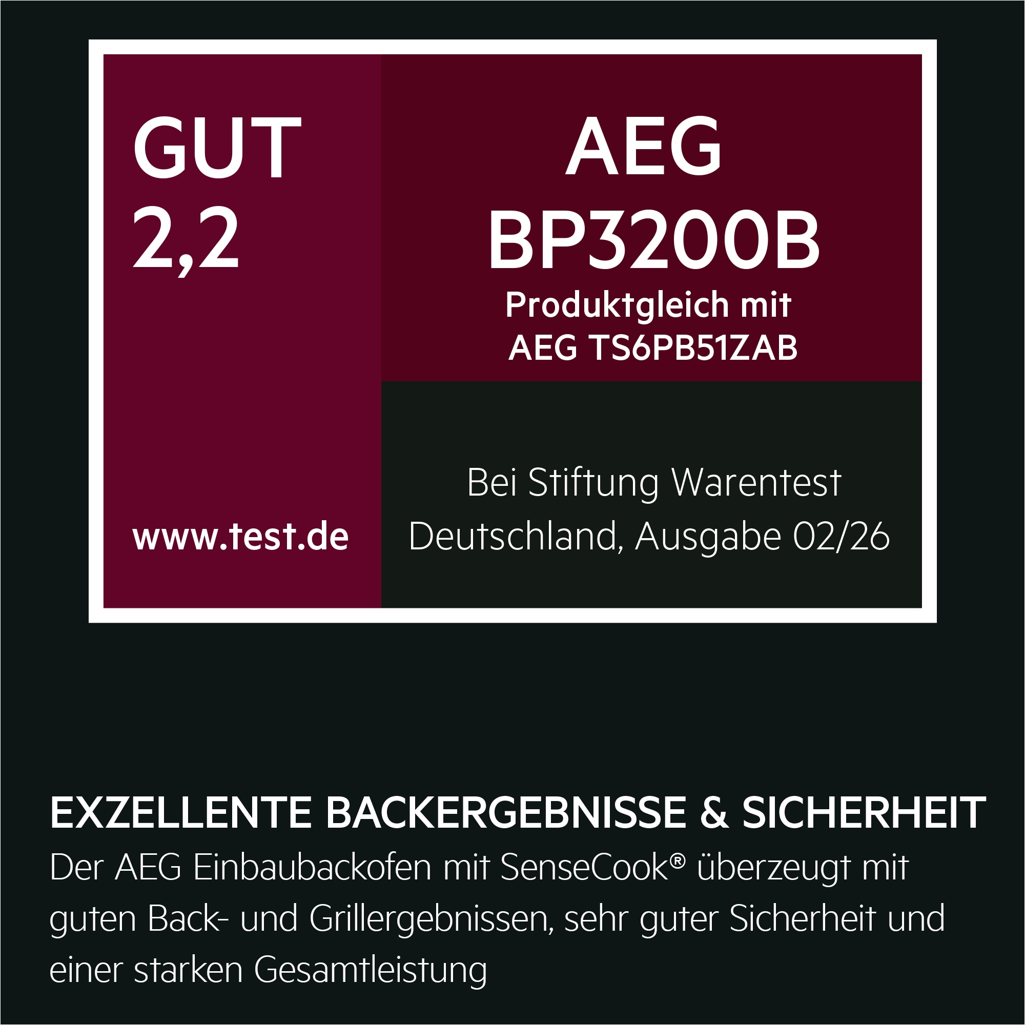 Logo mit Stiftung-Warentest Testergebnis aus Deutschland GUT (2,2) mit Produkttext zum AEG Backofen.