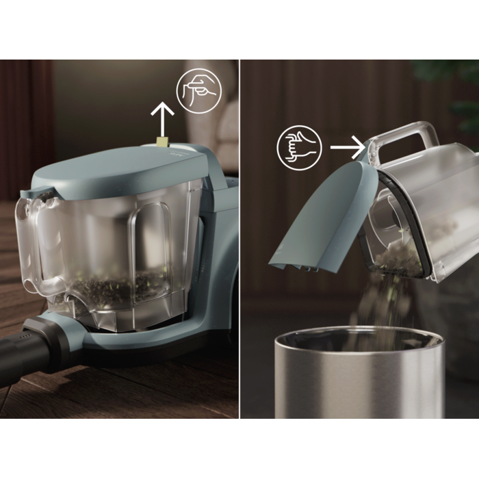 Vacuum cleaner with 2L dustbin designed for easy, spill-free emptying.