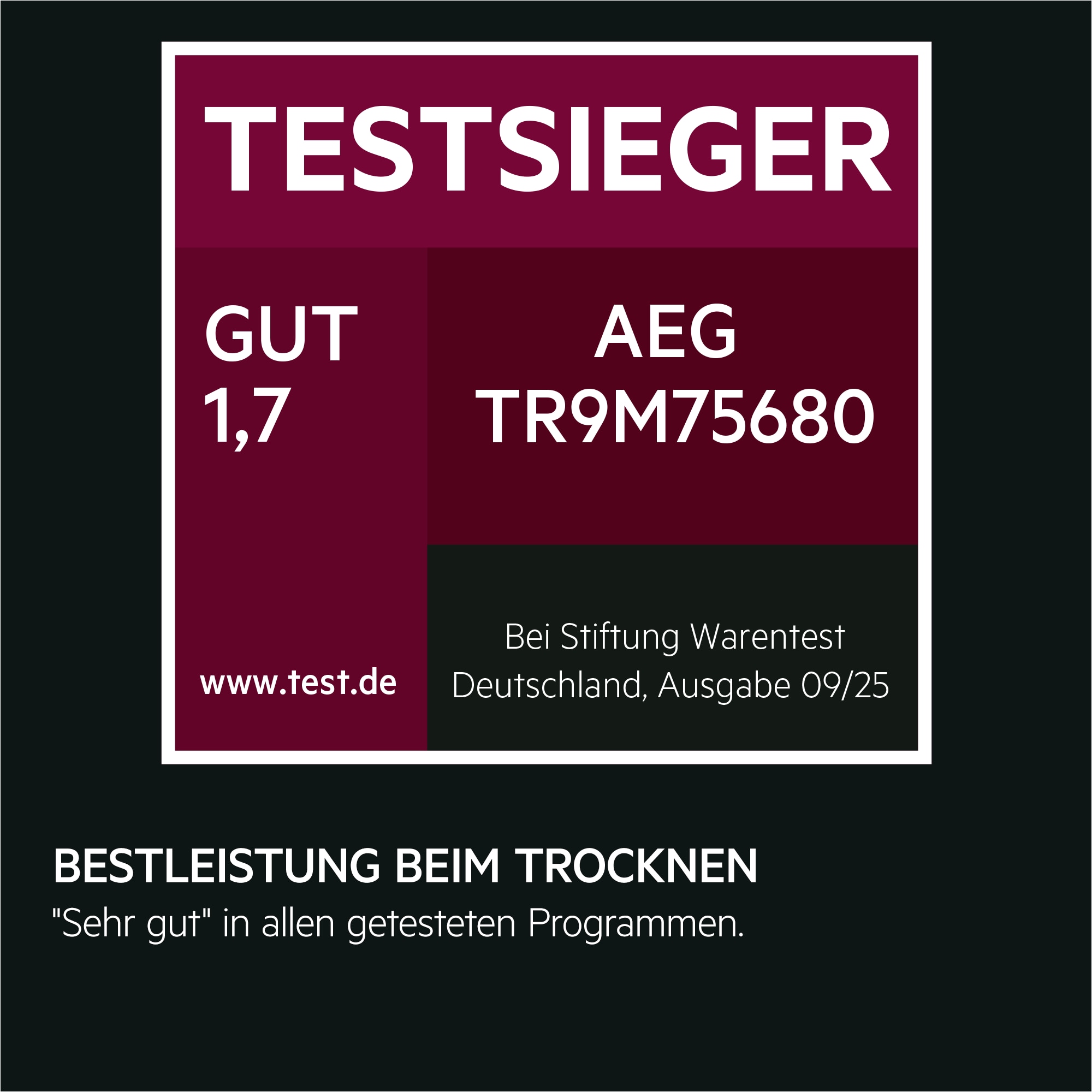 TESTSIEGER-Siegel für AEG TR9M75680, GUT (1,7), Bestleistung beim Trocknen,‚Sehr gut‘ in allen getesteten Programmen.“ Ausgabe 09/2025, www.test.de.
