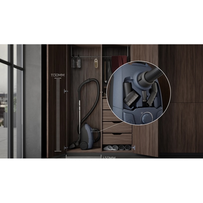 COMPACT DESIGN FOR EASY STORAGE Convenient size to fit into any home, and the accessories are stored on-board for easy access