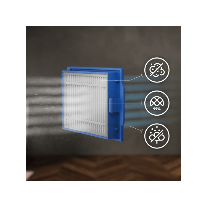 Advanced filter captures and seals in dust and dirt, releasing only clean air. Disclaimer: Based on external test according to ISO16890-2016:initial fractional efficiency on particle size above 1.0 microns. 