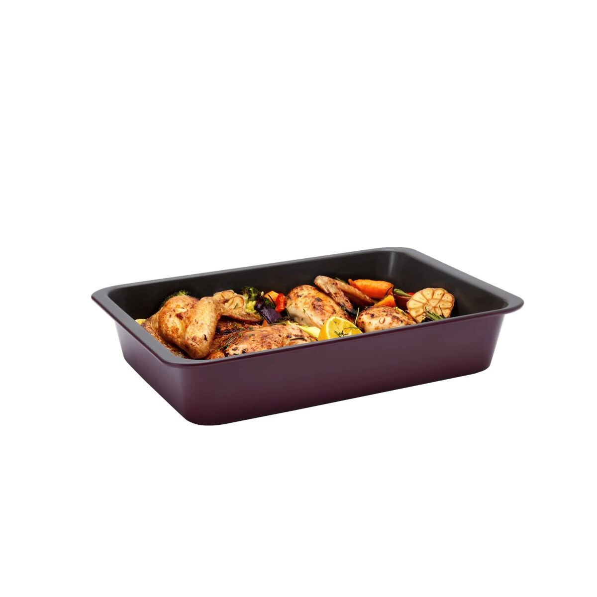 Product in use, filled with a chicked, vegetable and heard dish