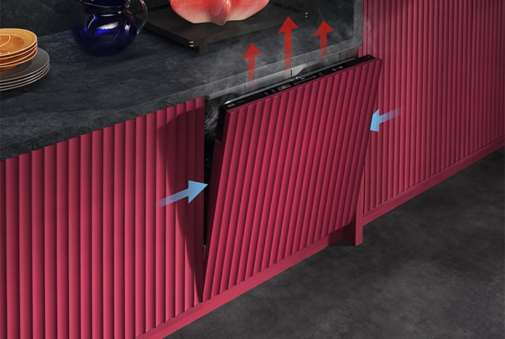 EG Geschirrspüler mit AirDry-Technologie – blaue Pfeile zeigen Frischluftzufuhr, rote Pfeile zeigen Feuchtigkeitsabzug nach oben