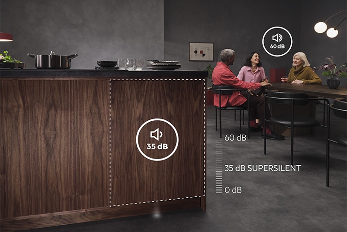 AEG Geschirrspüler Lautstärkevergleich – 35 dB SuperSilent Einbaugerät vs. 60 dB Standardgerät, Familie unterhält sich ungestört