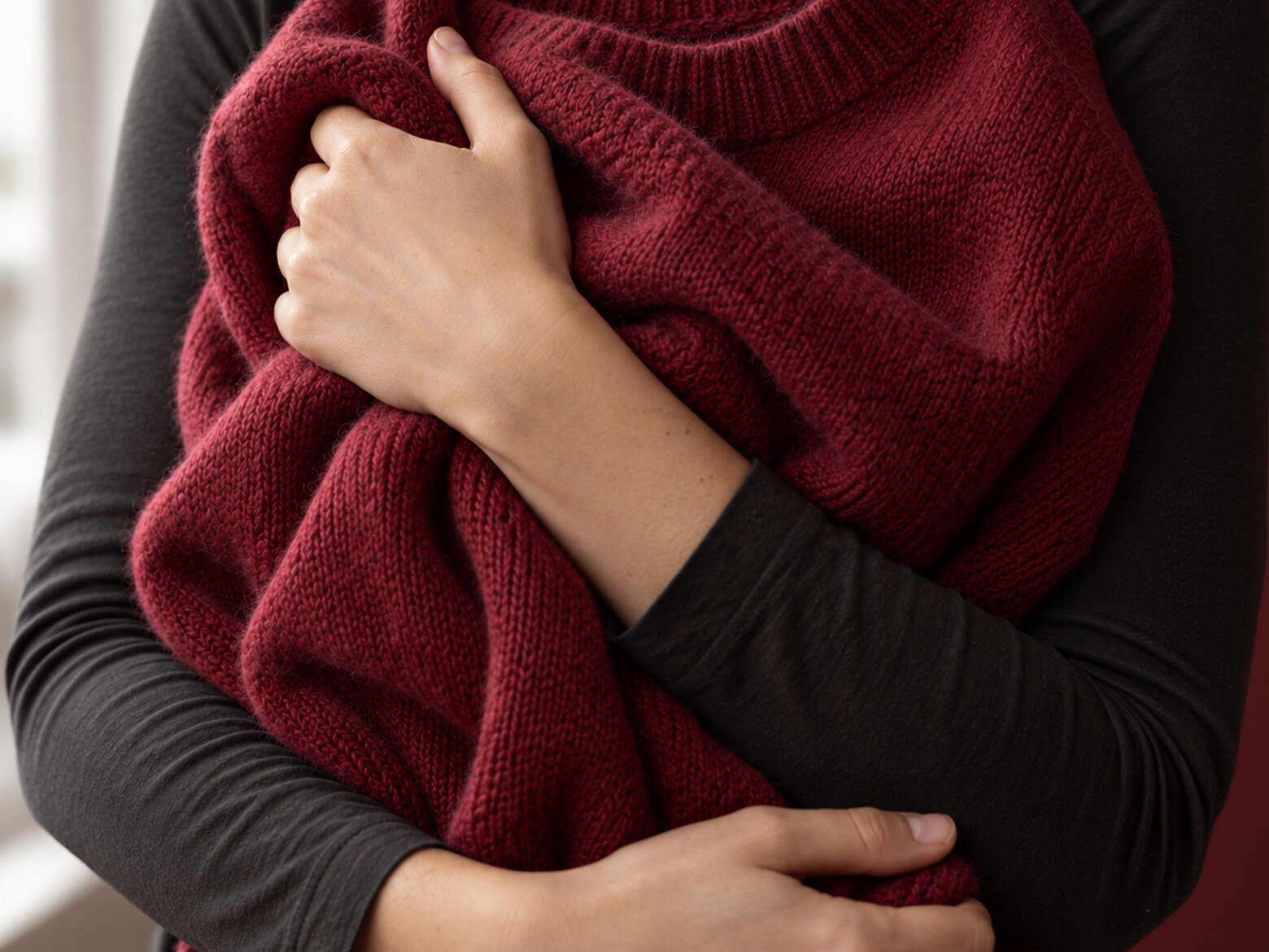 Eine Frau hält einen roten Wollpullover im Arm